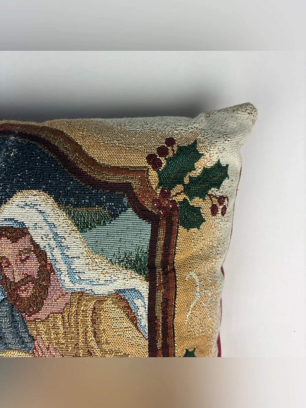 Vintage Tapestry Throw Pillow Christianity Woven Mary Joseph Jesus Nativity